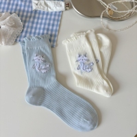 Chaussettes mi-mollet pour femmes à motif de chat avec bordure en dentelle, style estival fin, couleur unie, tendance INS, chaussettes longues douces et mignonnes pour filles