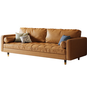Leather Sofa Straight Row Three Seater Tufted Genuine Leather Living Room Furniture - Product Image 4