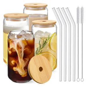 Glass Cups with Bamboo Lids and Glass Straws 16oz Beer Can Shaped Drinking Glasses Set of 4 Iced Coffee Cups Glass Tumbler