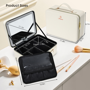Large <b>Makeup</b> <b>Case</b> with LED Mirror Travel <b>Makeup</b> Bag Leather Cosmetic Bag with Adjustable Dividers Brush Holder - Product Image 6