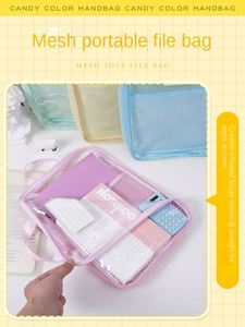 Sac de rangement en nylon maillé transparent en forme de L avec poignée pour documents A4, pochette zippée pour livres, idéal pour étudiants, maison, école, bureau - Product Image 4