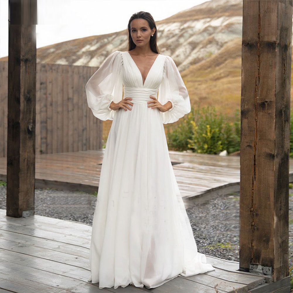 Princess Boho Elegant Wedding Dress - Deep V-Neck & Puffy Sleeves