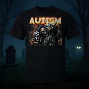 Camiseta con diseño gráfico de esqueleto de autismo, estilo espeluznante y de terror, color negro - Product Image 3