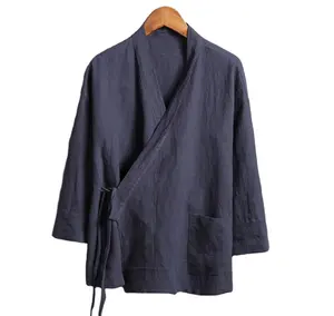 Men Linen Shirts Long Sleeve Chinese Style Mandarin Collar Traditional Kung Fu Tang Casual Social Shirt Plus Size
