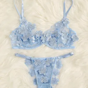 Girls Sexy Transparent Underwear Bra Set Blue Color Applique Lace Underwire Lingerie Suit