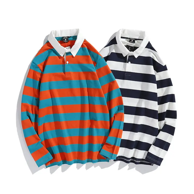 New Style Stripe Color Design 100% Cotton Knit Men's Blank Turn-down Collar Long Sleeves Casual Stripe T-Shirt for Men