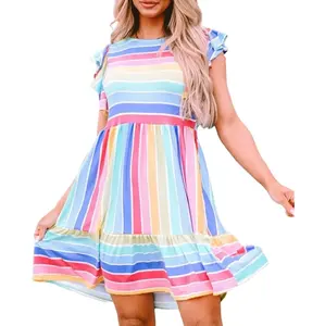 2024 Wholesale Custom Summer Multi-Color Sweet Cute Striped Ruffled Flared Skirt Knee-High Mini Girl Dress