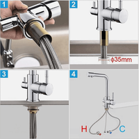 Robinet de cuisine moderne 3-en-1 en or brossé avec filtre, mitigeur double poignée pour évier