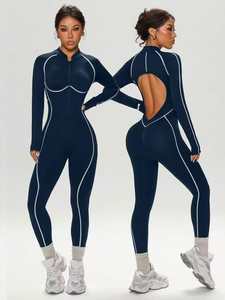 ชุดจั๊มสูทออกกำลังกายสำหรับผู้หญิงแบบไร้รอยต่อ คอวี แขนสั้น เอวสูง กระชับสัดส่วน โชว์หลัง เหมาะสำหรับโยคะและฟิตเนส ใส่ได้ในช่วงฤดูร้อน - Product Image 3