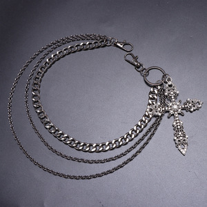Multi Layered Gunmetal Rhinestone <b>Cross</b> Trouser <b>Chain</b> For Daily Wear Hip Hop Style Zinc Alloy Waist <b>Chain</b> With Double Ring - Product Image 3