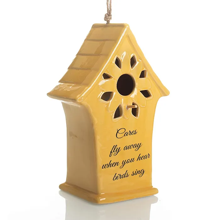 Square House Ceramic Sing Sunflower Yellow Ceramic Hanging Birdhouse