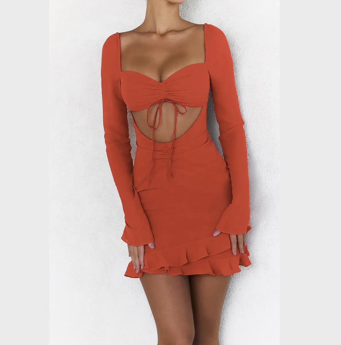 New Fashion Ultra Flattering Flare Long Sleeve Hollow Out Party Rooftop Bars Frock Ruffle Cutout Mini Dress