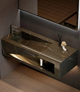 ชุดโต๊ะเครื่องแป้งในห้องน้ำแผ่นพื้นหินแบบบูรณาการสีดำฟ้าผ่าดีไซน์กระจก LED อ่างล้างมือในห้องน้ำสุดหรู - Product Image 6