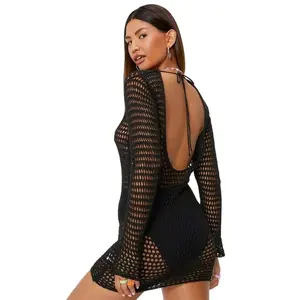 New Crochet Cover Ups Lace Hollow Swimsuit Beach Dress Women Summer Long sleeve open back Lady Cover-Ups