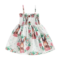 Robe d'été pour bébés filles à bretelles fines, motif floral et lapin, avec corsage froncé élastique et jupe évasée, idéale pour le printemps, les sorties et les fêtes de Pâques
