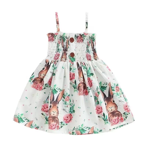 Vestito Estivo Floreale per Bambine con Coniglietto, Spalline Sottili, Corpetto Elasticizzato Arricciato e Gonna a Trapezio, Ideale per Primavera, Pasqua e Feste all'Aperto - Product Image 1