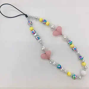 PC1092 Hot Sale 90s Style Rainbow Stripe & Pearl Beaded Acrylic Heart Beads Charm Mobile Phone Strap Loop Chain Charms