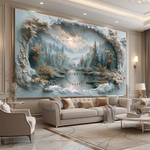 Papel Tapiz 3D en Relieve con Diseño <span class=keywords><strong>de</strong></span> Paisaje Fantástico Impermeable para Decoración <span class=keywords><strong>de</strong></span> Paredes del Hogar, <span class=keywords><strong>Ventanas</strong></span>, Rocas, Cielo, Montañas, Bosque y Río - Product Image 1