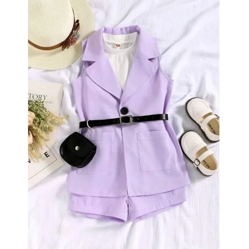 2023 Fashion Girls Clothes Sets 1-6Y Solid Sleeveless Vest Turn Down Collar Blazer Coat Shorts With Waist Bag Kids Outfits