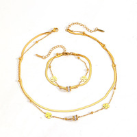 Ensemble de perles à double couche avec transfert de fleur à quatre feuilles, collier et bracelet, lame en acier inoxydable plaqué or, islamique, non décolorant, tendance