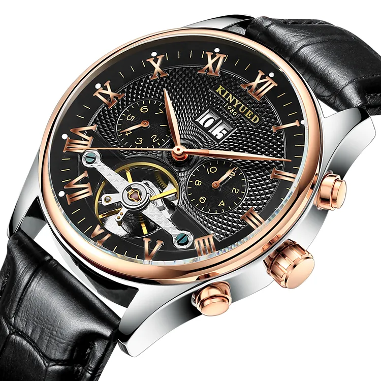 High quality mechanical watch calendar display with leather band skeleton mechanical watch