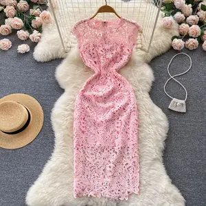 YM6639 New Korean Chic Pink Color High Quality Sleeveless Lace Dress Women Hollow Out Fitting Evening Dresses Clothing 5