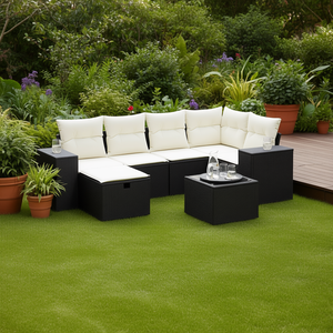 Grande set di divani da giardino in polyrattan nero e vetro temperato - Product Image 2
