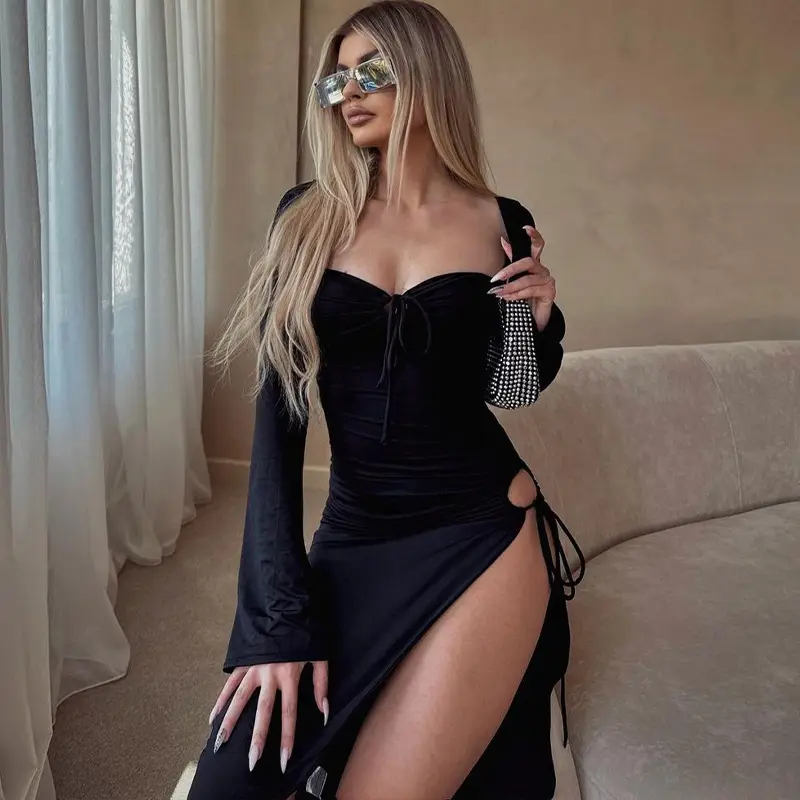YILIMI High Quality Long Sleeve Bodycon Solid Color Sexy Dress Long Slit Dress Fashion Casual Dress