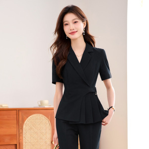 Women's Grey Short Sleeve Suit Set Summer Formal Breathable Polyester Women's Wear - Product Image 2