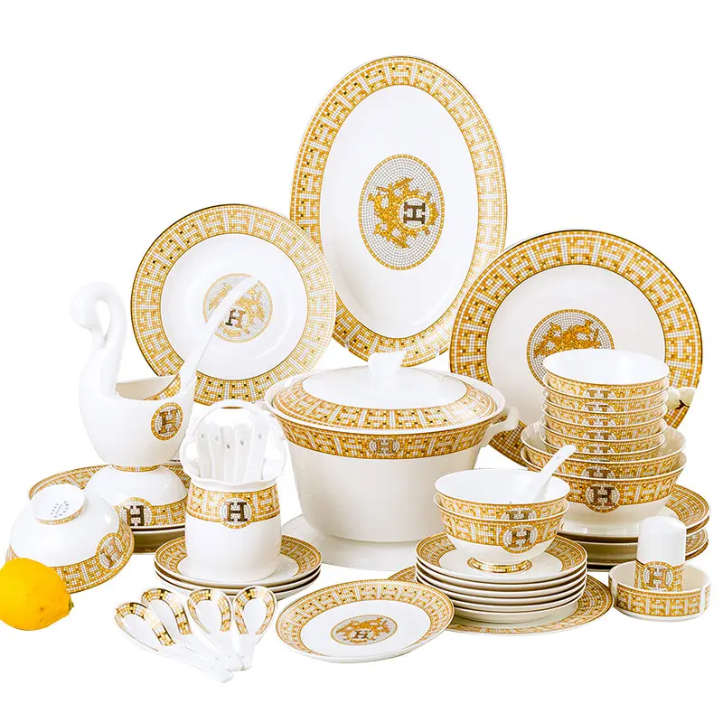 Commercio all'ingrosso Eleganza Su misura Logo Design Raffinato Bone Set di Cena di Porcellana Oro Placcato Set di Stoviglie