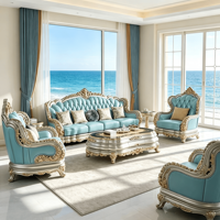 Ensemble de canapés modernes avec dossier capitonné, meubles de salon, canapé sculpté à la main en cuir bleu clair, argenté et doré, avec cadre incurvé