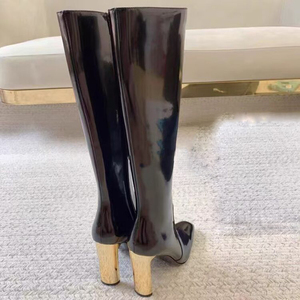 Gold Metal Chunky Heels Long Boots New Trendy Solid Square Toe Women's Knee High Boots Custom Matte Patent <b>Shoes</b> - Product Image 4
