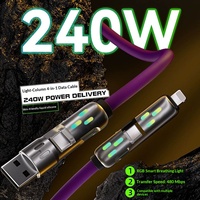Kabel USB C ke Type C 4 in 1 Silikon 240W PD Pengisian Cepat dengan Lampu LED dan Sinkronisasi Data dari Paduan Seng untuk iPhone, Android, dan Tablet