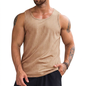 Camiseta sin mangas para hombre, diseño acanalado a rayas, cuello redondo, tejido transpirable, informal, mezcla de algodón y spandex. - Product Image 1