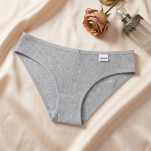 Culottes de bikini côtelées en coton gris pour femmes, extensibles, couleur unie, taille mi-haute, confortables, grandes tailles, OEM ODM - Product Image 2