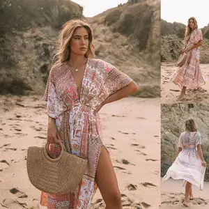 2023 Frauen Badeanzug Cover Up Ärmel Kaftan Beach Tunika Kleid Robe De Plage Print Baumwolle Pareo High Collar Beach wear