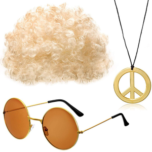 2024 nuevo conjunto de disfraz Hippie Funky Afro <span class=keywords><strong>peluca</strong></span> gafas de sol signo de la paz Collar para 50/60/70s fiesta temática <span class=keywords><strong>Peluca</strong></span> de Halloween - Product Image 3