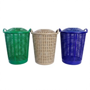 Panier à linge moderne et durable en plastique PP avec couvercle, vert, beige, bleu, bacs de rangement pour vêtements à domicile - Product Image 1