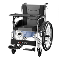 Silla de Ruedas Reforzada para Rehabilitación con Neumáticos Sólidos de 24 Pulgadas y Cojín de Asiento Lavable, Estructura de Acero al Carbono con Freno de Mano, Orinal y Mesa