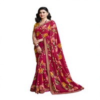 Sari Tradicional Indio para Bodas, Sari de Poliéster con Estampado Floral para Mujer, Rojo con Borde Dorado, Largo hasta el Suelo, para Fiestas