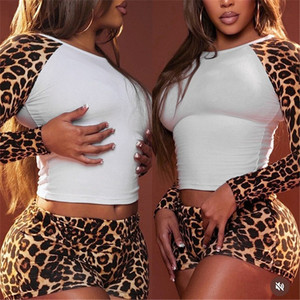 Conjunto de <span class=keywords><strong>2</strong></span> Piezas con Estampado de Leopardo para Mujer, Top Corto de Manga Larga con Parches de Color + Pantalones Cortos - Product Image 2