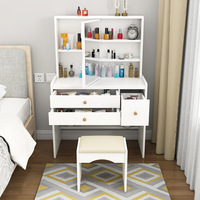 Ensemble coiffeuse moderne minimaliste en bois avec tabouret rembourré, 3 tiroirs et miroir sur pied design pour chambre et dressing