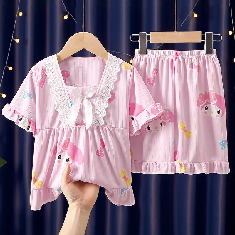Ruunjoy Sanrioed Großhandel Kuromi Pyjama Sanrioed Accessoire Nachtwäsche Sommer Kurze Ärmel Kinder Mädchen Nachtwäsche Nachtkleid