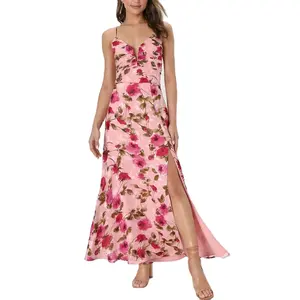 2024 personalizado superventas vestido de mujer rosa Floral Burnout muescas vestidos máximos verano Casual Vestido con tirantes