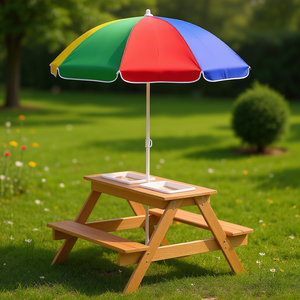 Table de pique-nique pour enfants en plein air en bois de couleur mélangée avec parasol amovible Table d'activités aquatiques en sable pour patio pour enfants - Product Image 2