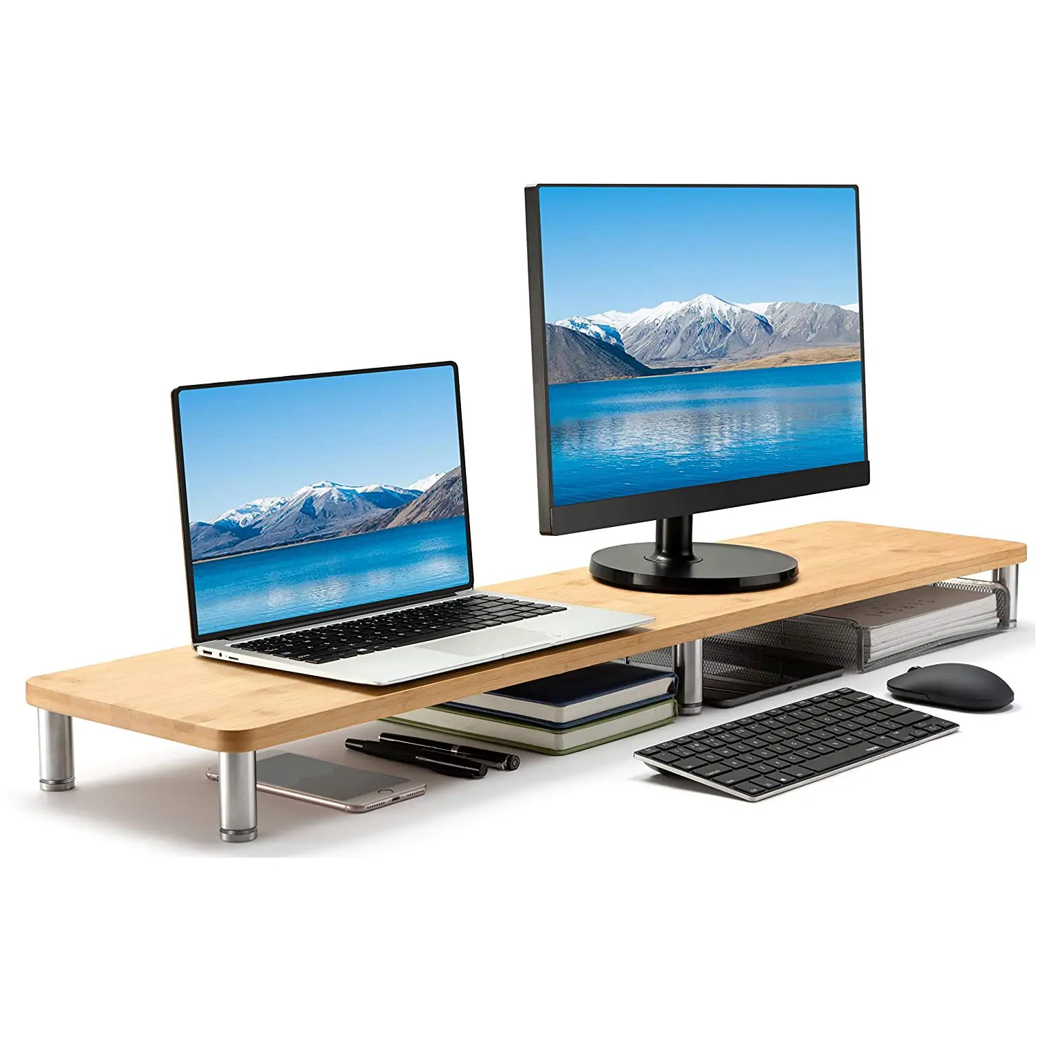 2022 Wood Bamboo Dual Computer Monitor Riser Desktop Screen Laptop Monitor Stand