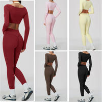 Sunquest Nouveau Ensemble 2 pièces pour femme : Haut court à manches longues superposé et Legging taille haute à découpe en V, pour le yoga, la gym et l'entraînement