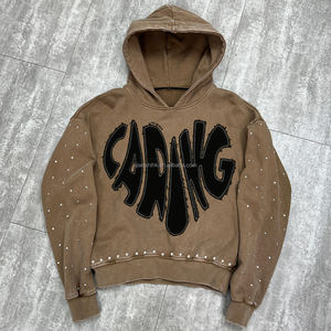 Sweats à capuche en coton avec épaules tombantes, broderie personnalisée, sweat à capuche épais, lavage à l'acide, strass, streetwear, sweat à capuche surdimensionné - Product Image 2