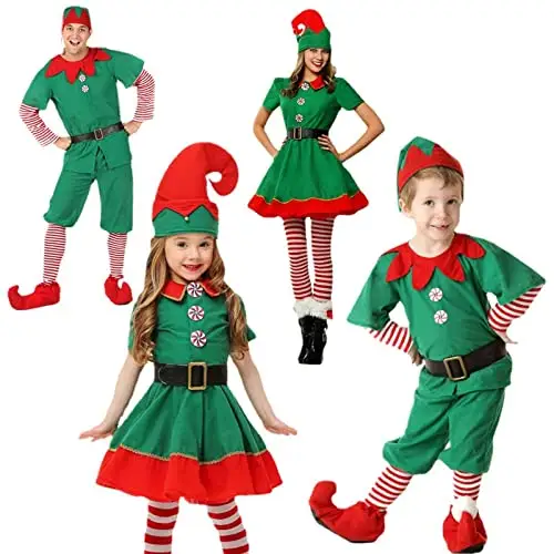 Men Women Girls Boys Christmas Santa Claus Dress Up Costume Green Elf Cosplay Family Christmas Party Costumes