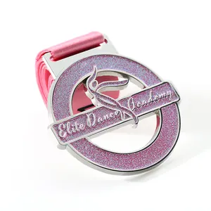 Logo personalizzato cordino donna glitter oro argento bronzo vincitore premio ginnastica medaglia di danza in metallo
